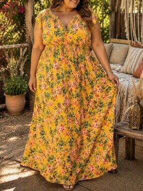 Torrid Plus Size Yellow Pink Floral Maxi Dress | 100% Rayon Boho Cottagecore